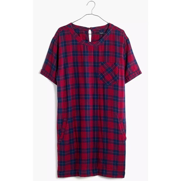 Madewell Plaid Tunic Shirt Dress Red Blue Short Sleeve Pockets XXS - Picture 2 of 4